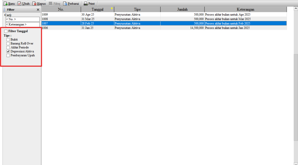 Filter Jurnal Penyusutan Aset