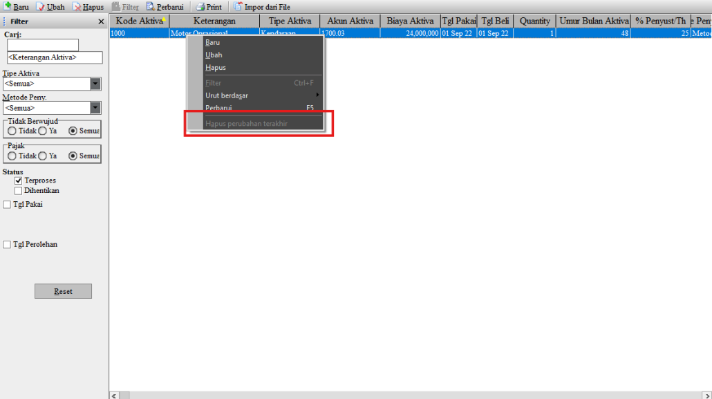 Hapus perubahan terakhir aset tetap