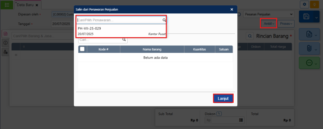 pilih nomor penawaran