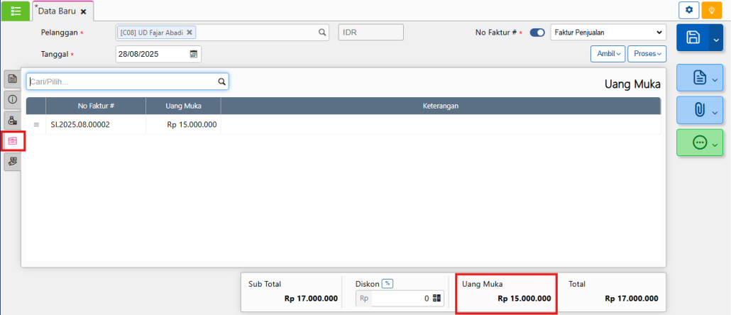 Adjust penggunaan Uang Muka