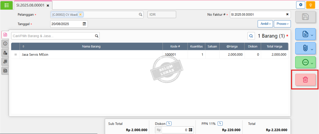 Menghapus Transaksi Faktur Penjualan