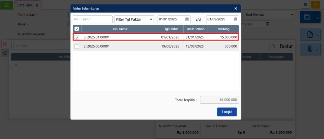 Ambil faktur pada penerimaan penjualan