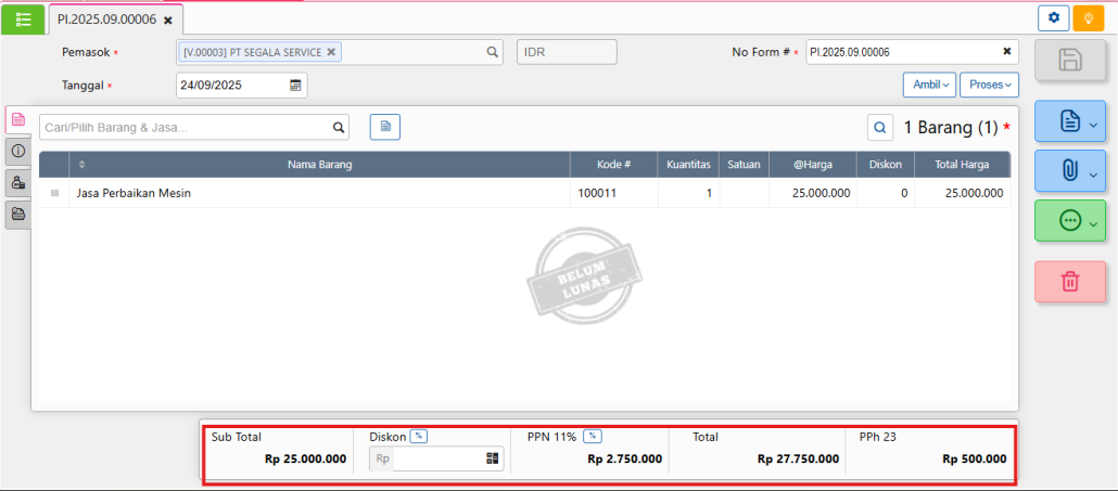 Pembelian jasa dengan PPh 23