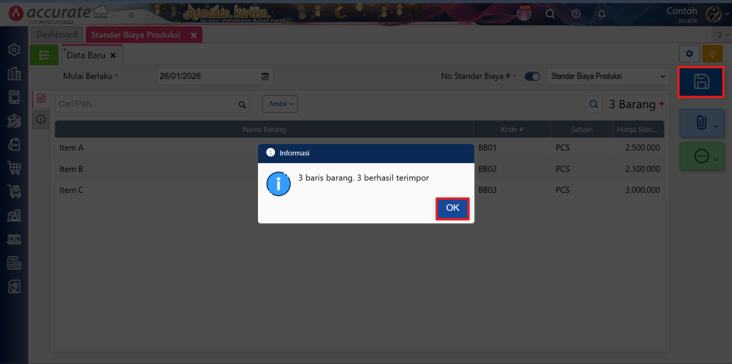 Impor Excel Standar Biaya Produksi Pada Accurate Online